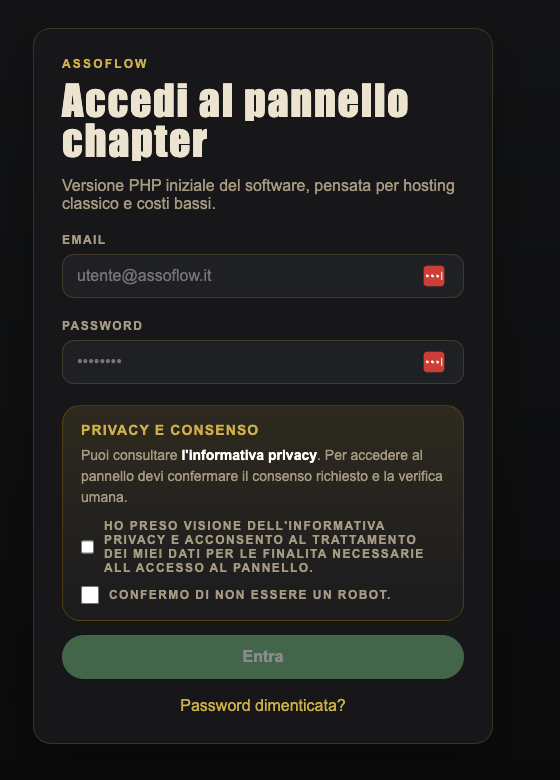 Schermata reale del pannello di accesso AssoFlow