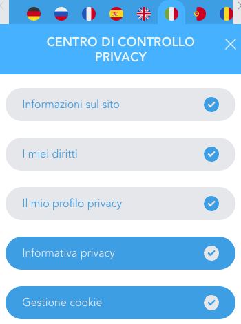 Anteprima del Centro di controllo privacy con informative e gestione cookie